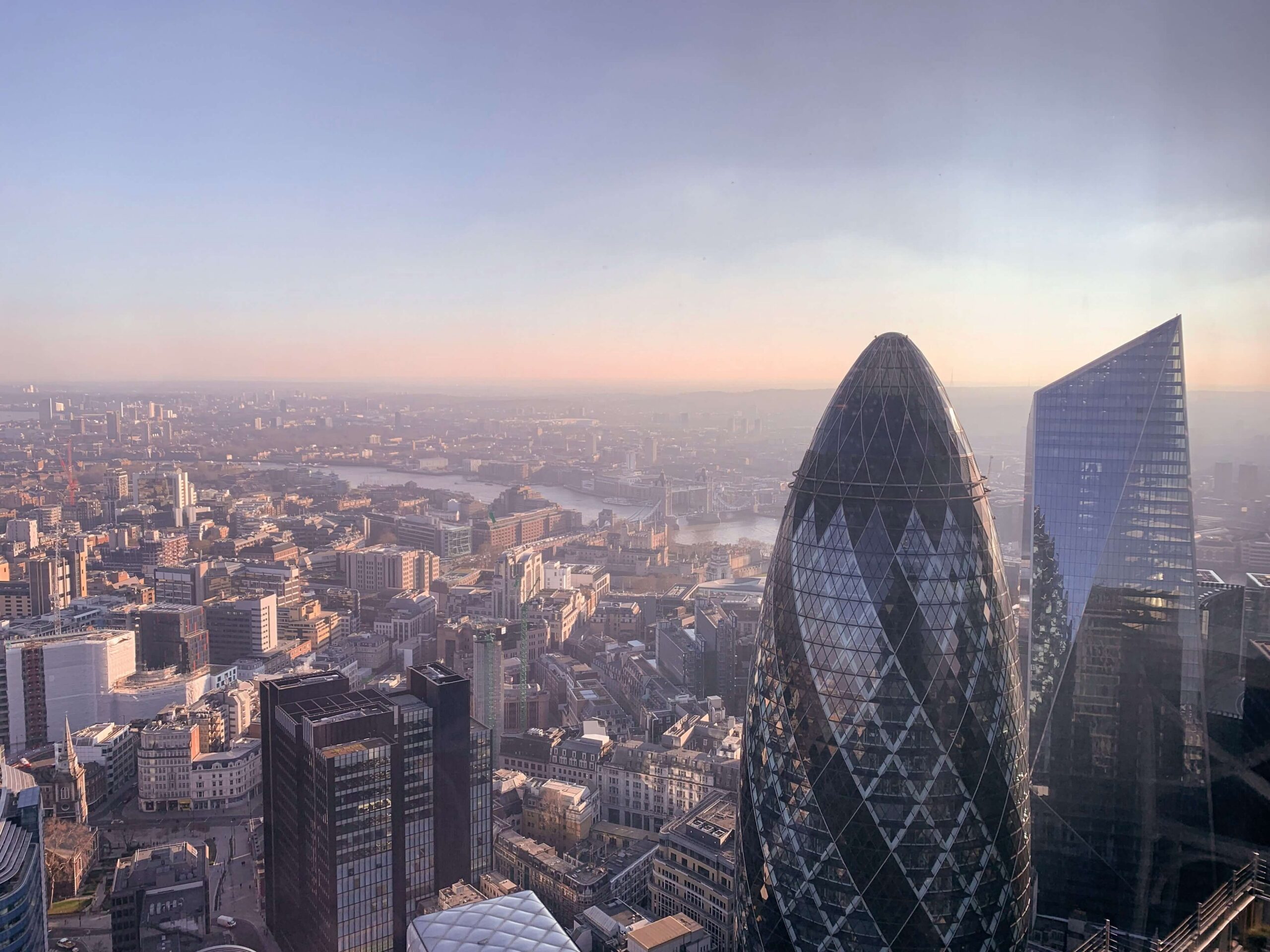 London skyline with the Gherkin at sunset